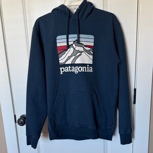 Patagonia Navy Blue Hoodie with Multicolor Mountain Graphic